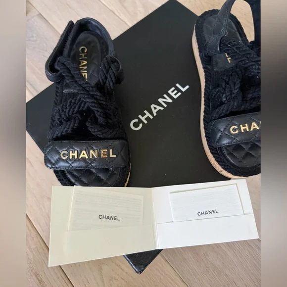 CHANEL Black Quilted Rope Sandals with Gold Logo - Picture 6 of 9